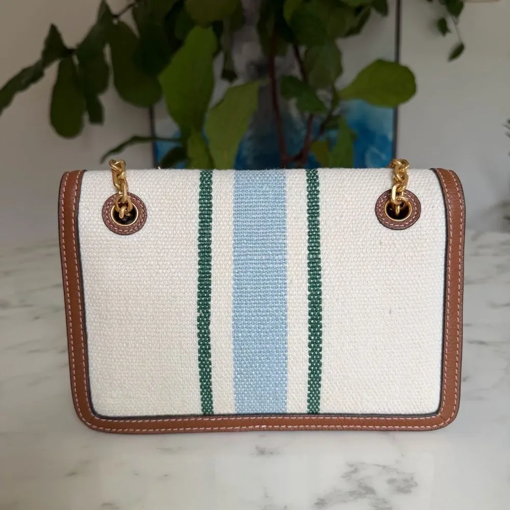 Tory Burch Carson Striped Convertible Shoulder Crossbody Bag Cream Linen Leather